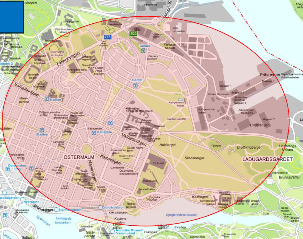 Karta över område Gärdet och Östermalm som bevakas med drönare.